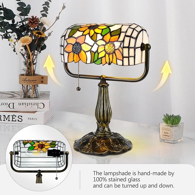 Tiffany Bankers Desk Lamp with Adjustable Shade, Sunflower Stained Glass Piano Light with LED Bulb, Handmade Vintage Tiffany Style Lamp for Office, Bedroom, or Home Décor.