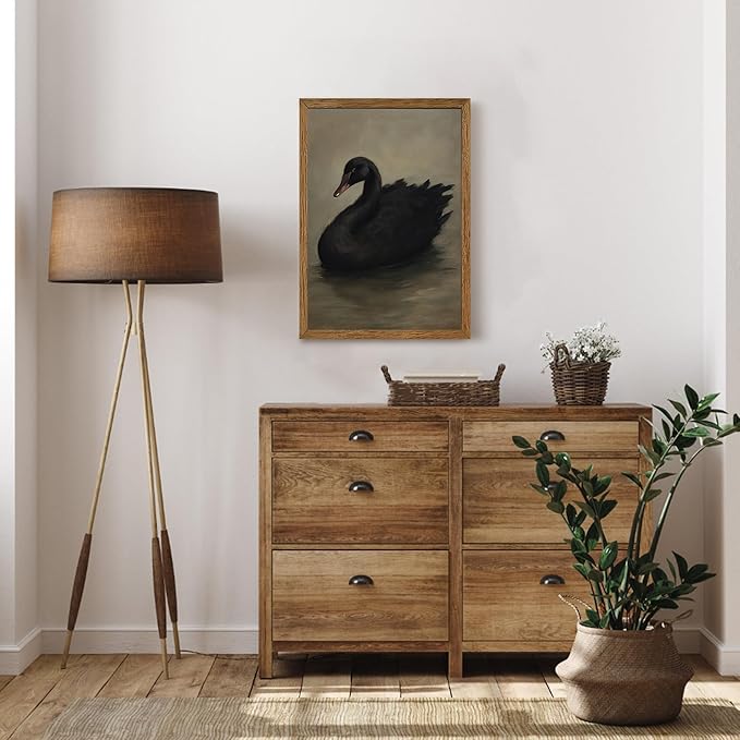 AVECCO Framed Vintage Gothic Black Swan Canvas Wall Art, Rustic Farmhouse Wall Decor, Unique Animal Art Prints for Kid's Room Bathroom Bedroom Living Room Office Home Decoration Ready to Hang 16x24 In