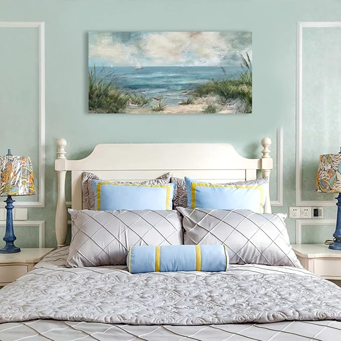arteWOODS Vintage Seascape Canvas Prints Wall Decor Ocean Sailboat Canvas Pictures Seagull Bird Reed Canvas Painting Artwork for Living Room Bedroom Office Decoration 20" X 40"