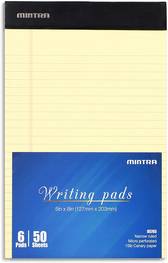 Mintra Office Canary Legal Pads - With Micro-perforated sheets, Smooth-lined paper, Ideal for Office Tasks, Assignments or Notes, Meetings, and Journaling, 6 pack Narrow Ruled, Basic Pad, 5"x8"