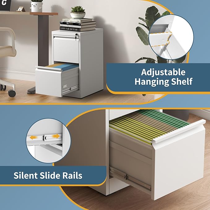 2 Drawer File Cabinet with Lock, Vertical Filing Cabinets for Home Office, Metal Storage Cabinets, Heavy Duty File Cabinet for Letter/Legal/A4/F4 Size Amsseble Required, White