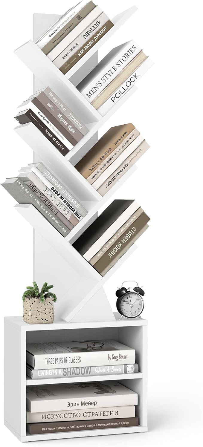 VASAGLE Custos Collection - Tree Bookshelf, Modern Bookcase, Floor Standing Book Shelf, for Bedroom, Living Room, Home Office, 2 Open Compartments, 8 x 15 x 48.5 Inches, Cloud White ULBC607W01