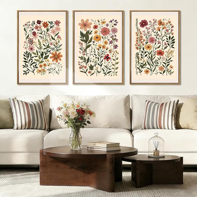 BINCUE Neutral Framed Wildflower Wall Art Set of 3 Colorful Floral Wall Decor Vintage Flower Art Prints Set of 3 for Living Room Bedroom Bathroom 16x24 Inches