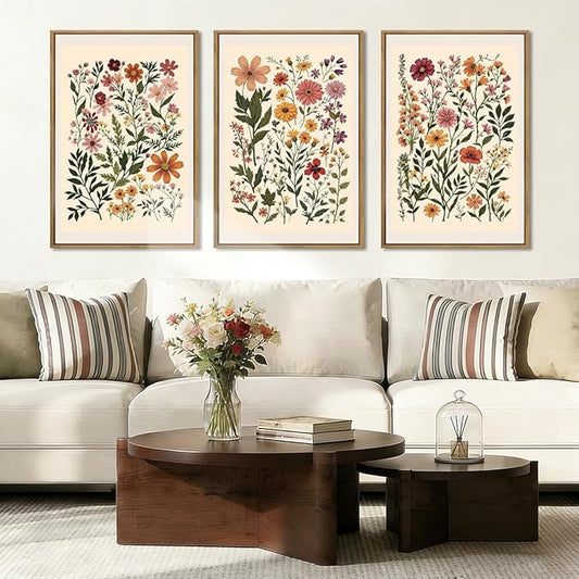 BINCUE Neutral Framed Wildflower Wall Art Set of 3 Colorful Floral Wall Decor Vintage Flower Art Prints Set of 3 for Living Room Bedroom Bathroom 16x24 Inches