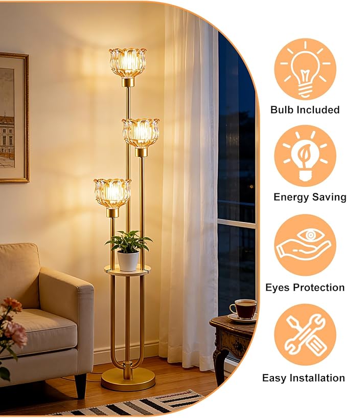Lightdot Glass Floor Lamp for Living Room 3-Lights Modern Dimmable Gold Floor Lamp with Amber Glass Shade & 3000K Bulbs Included Unique Tall Standing Lamp for Bedroom/Sofa Beside/Corner Decor