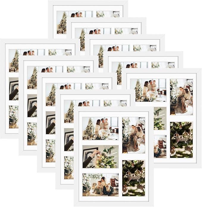 Golden State Art, 11x14 White Wooden Frame with White Mat - Displays Five 4x6 Photos - Tempered Glass - Wall Mounting, Portrait, Set of 10