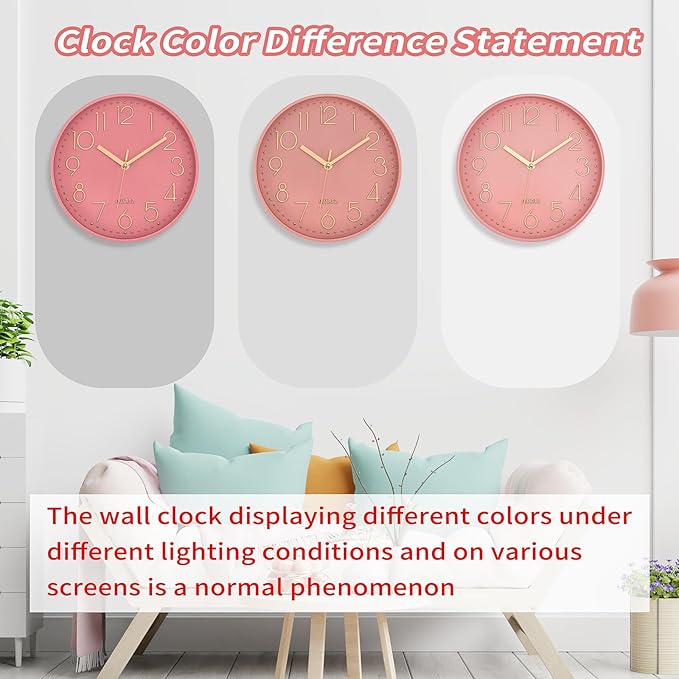 Lumuasky Pink Wall Clock Modern Battery Operated Analog Small Cute Silent Non-Ticking Decorative Clock for School Office Classroom Bedroom Kitchen Living Room Nursery Decor (10 inch)