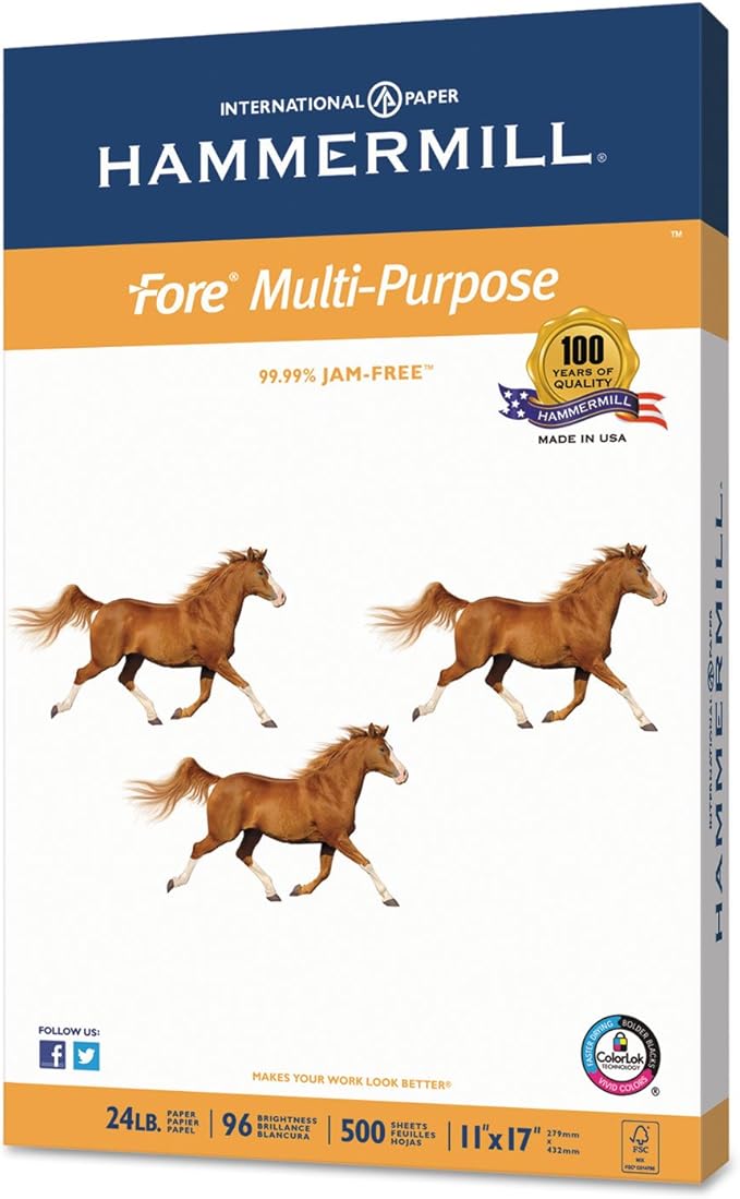 Hammermill Printer Paper, Fore Multipurpose 24 lb Copy Paper, 11 x 17-96 Bright, Made in the USA, 102848R - 1 Ream (500 Sheets)