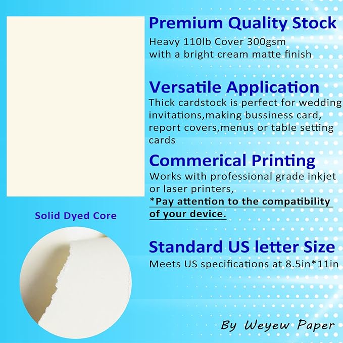 50 Sheets 110lb Cream Cardstock, 8.5" x 11", Heavyweight Off-White Paper Greeting Cards DIY Craft Card Making, 110LB Cover 300 GSM