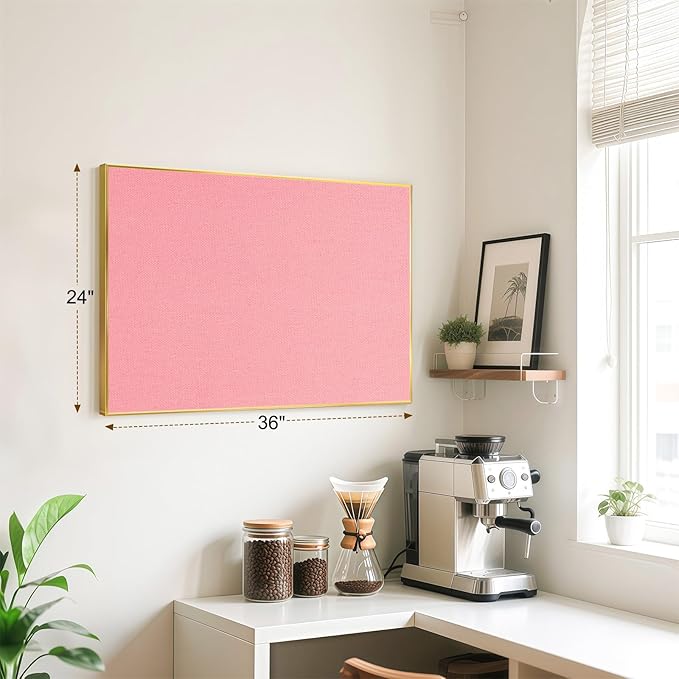 Linen Bulletin Board 36 x 24 Inches, Fabric Cork Board for Wall with Gold Aluminum Frame, Hanging Pin Board Tack Board for Home Office Room Decor, 10 Push Pins, Pink Linen