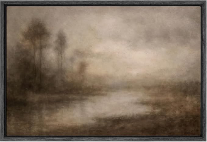 SIGNFORD Framed Canvas Print Wall Art Moody Misty Landscape with Trees and Water Abstract Illustrations Digital Art Modern Art Decorative Multicolor Rustic Minimal for Bedroom - 16"x24" BLACK