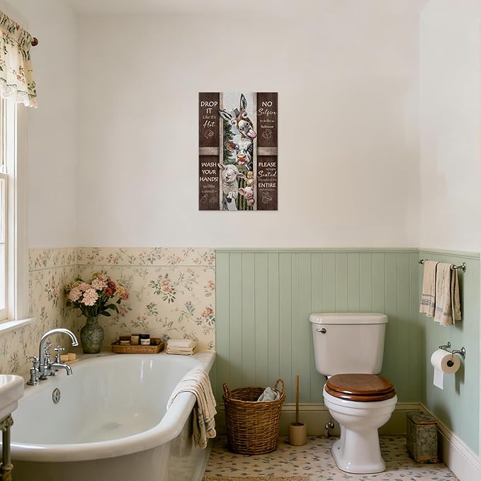 YOUHONG Funny Bathroom Wall Art Funny Decor Bathroom Pictures Wall Decor Quote Canvas Horse Sheep Cow Painting Farmhouse Animal Posters with Built-in Wooden Frame, Lightweight for Room (16x24 Inch)