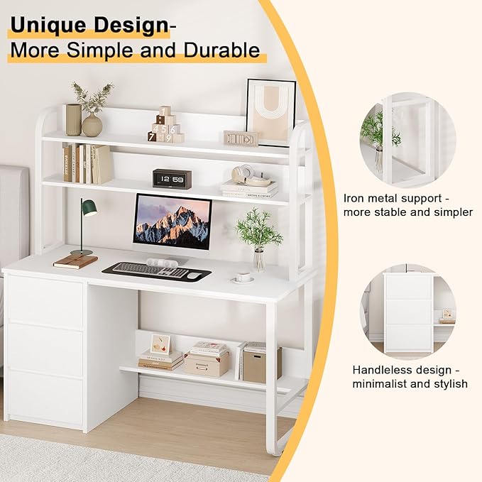 White Desk with Hutch, 55 Inch Computer Desk with 3 Drawers for Bedroom, Study Writing Desk with Shelves for Small Spaces, Adjustable Feet