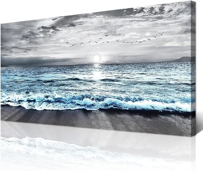 Wapluam Large Canvas Wall Art For Living Room & Bedroom Decor - Black & White Blue Sea Wave Pictures - Framed Beach Posters