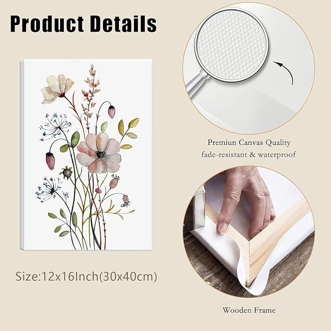 Bwodke Framed Wildflower Canvas Wall Art Pink Watercolor Botanical Floral Poster Prints Set of 3 Modern Minimalist Flower Pictures Home Decor Painting Bedroom Bathroom Living Room 12"x16"