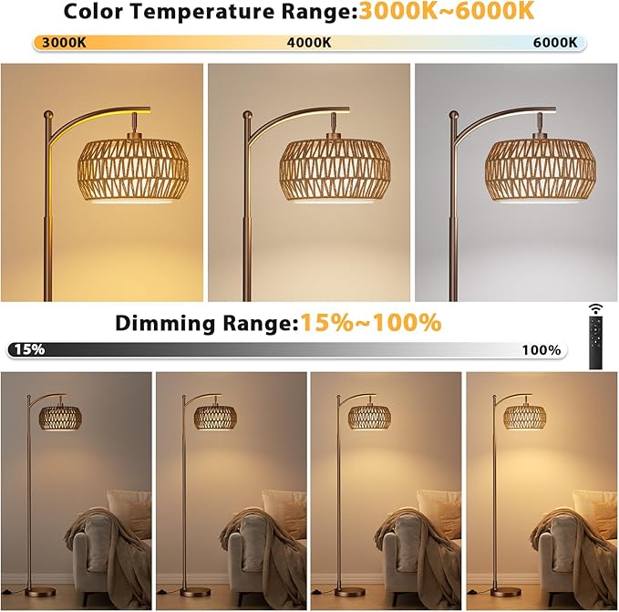 Ambimall Arc Floor Lamp for Living Room with Remote, Color Temperature & Brightness Adjustable, Bohemia Standing Lamp with Rattan & Fabric Double Drum Shades, Bulb Included(Brown)