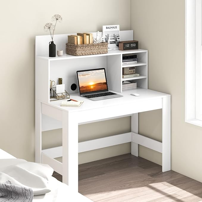 Tangkula White Desk with Hutch, Home Office Desk with Bookshelf, Writing Study Desk with Anti-Toppling Device & Cable Hole, Modern Computer Workstation PC Laptop Desk for Small Space, Bedroom
