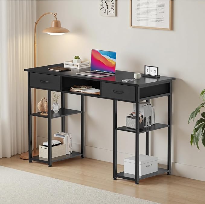OLIXIS Desk with Storage Fabric Drawers-48 Inch Home Office Computer Desk for Small Space Bedroom,Modern Study Work Gaming Writing Table PC Desks,Chic Black