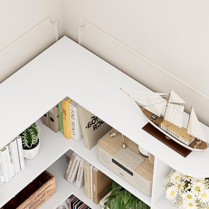 FOTOSOK 74” Tall Corner Bookshelf, 6-Tier Bookshelf and Bookcase with Open Storage, L Shaped Tall Bookcases Wooden Storage Shelves for Home Office, Thickened Boards for Better Load Bearing, White