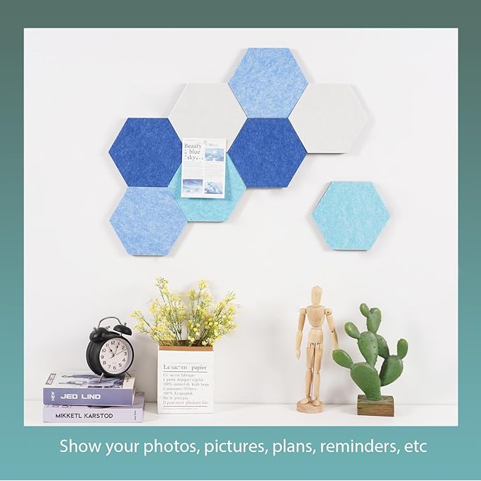 Felt Bulletin Board Tiles, 8 Pcs Hexagon Wall Tiles with Removable Adhesive, 7.9×6.9 Inch Cork Pin Board for Classroom, Home, Office (Set E, Middle)
