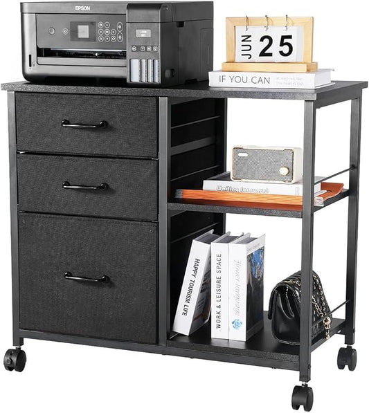 VEVOR Metal File Cabinet, Mobile Filing Cabinet with 3 Fabric Drawers and 2 Open Shelves, Wooden Vertical Filing Storage Cabinets with Wheels for Letter, A4, Legal Size File, Easy Assembly, Black