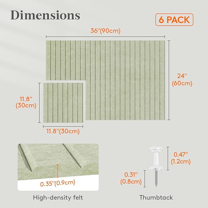 Lifewit Felt Slatted Bulletin Board with Self-Adhesive, 36"x 24"-6 Pack Cork Board Alternative, Pin Board Vision Board Message Board with 30 Pushpins for Office Decor, Room Decor, Sage
