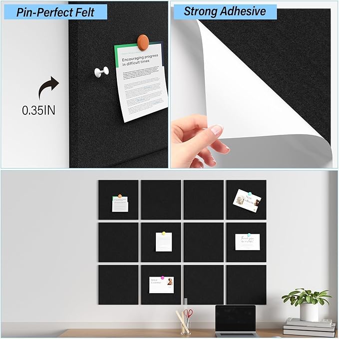 Large Cork Boards for Walls – 48" x 36" Self Adhesive Felt Wall Tiles, Ideal for Office Black Bulletin Board, Easy to Install Pin Board Photo Dart Board Wall Protectors
