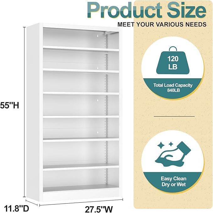Bookcase,7 Tier Bookshelf,55" Tall Free Standing Metal Bookcase with Adjustable Storage Shelves,Wide Bookshelf for Bedroom Living Room Home Office School (White, 7 Tier 55"H x 27.5"W x 11.8"D)