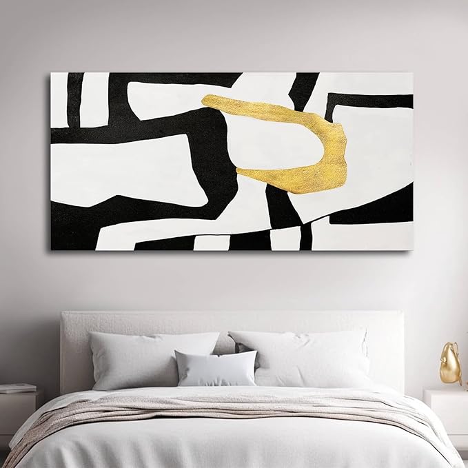 NBAODAN Minimalist Art Painting Gold Picture Wall Decor Large Abstract Wall Art for Bedroom Black Wall Decor for Living Room 29"x58" Framed Canvas Art