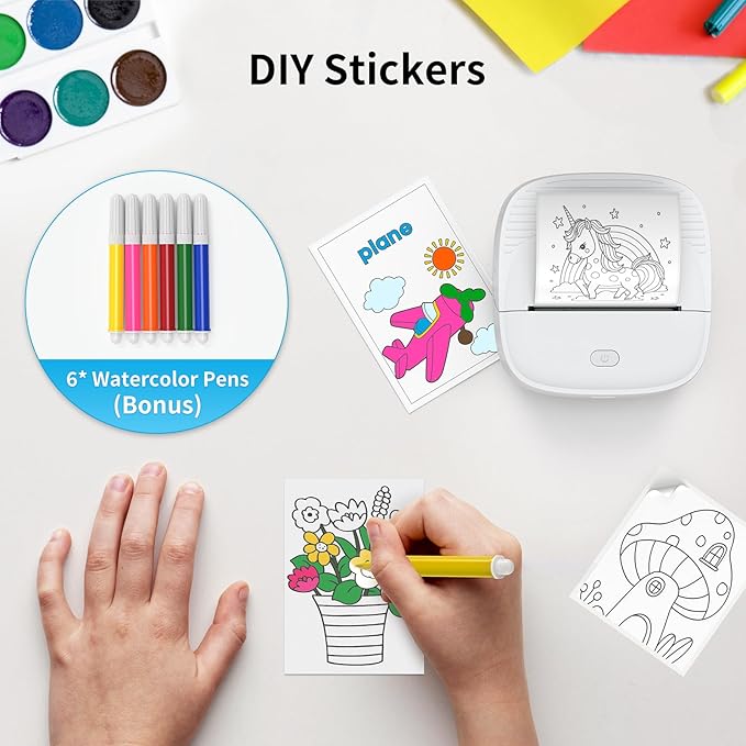 Mini Sticker Printer, Portable Bluetooth Thermal Printer with 7 Rolls Paper & 6 Colored Pencils, Inkless Label Maker for Home Office Study, USB-C Rechargeable, Ideal Gift for Teen Girls Boys