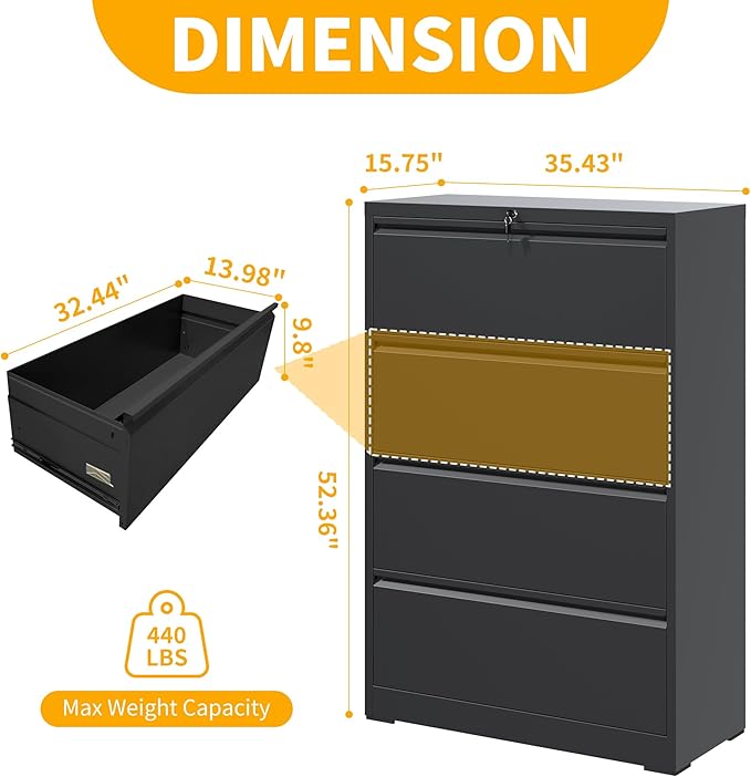 File Cabinet with Lock, 4 Drawer Lateral Filing Cabinet for Home Office, Metal Heavy Duty File Cabinets for Hanging Letter/Legal/F4/A4 Size Files, Assembly Required (Black)