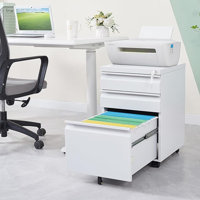 3 Drawer Mobile Locking File Cabinet,Anti-tilt Design Metal Vertical Filing Cabinet,Rolling Desk Filing Cabinet fits Letter/Legal Size for Home Office (White)