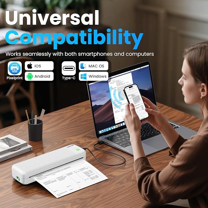 Portable Printer for Travel, Inkless Wireless Thermal Printer Compatible with iOS, Android, Laptop, Bluetooth Printers Supports 8.5"x11" US Letter for Office,Car,Home (White)