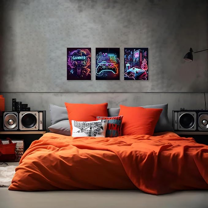 Gaming Room Decor-Video Gaming Theme Wall Art Framed,Gaming Wall Decor Video Game Poster for Boys Room Neon Gamepad Headphones Canvas Art Prints Cool Boys Bedroom Decor Wall Art,12x16inch