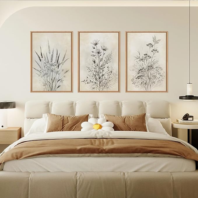 Large Neutral Flower Botanical Framed Canvas Wall Art,Boho Wildflowers Ink Wall Decor,Vintage Bouquet Wall Painting,Nature Artwork for Living Room,Bedroom,Dining Room,Office -24"x36"x3