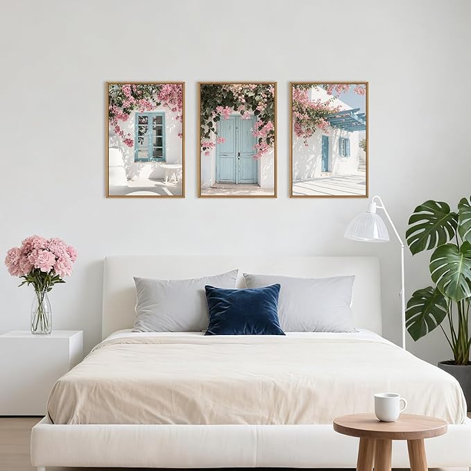 HOURIA Spring Modern Greek Island Cityscape Framed Canvas Wall Art Set,European White House Blue Door Shutter Landscape Wall Decor,Santorini Natural Pink Flower Artwork for Living Room, Bedroom-16"x24"x3