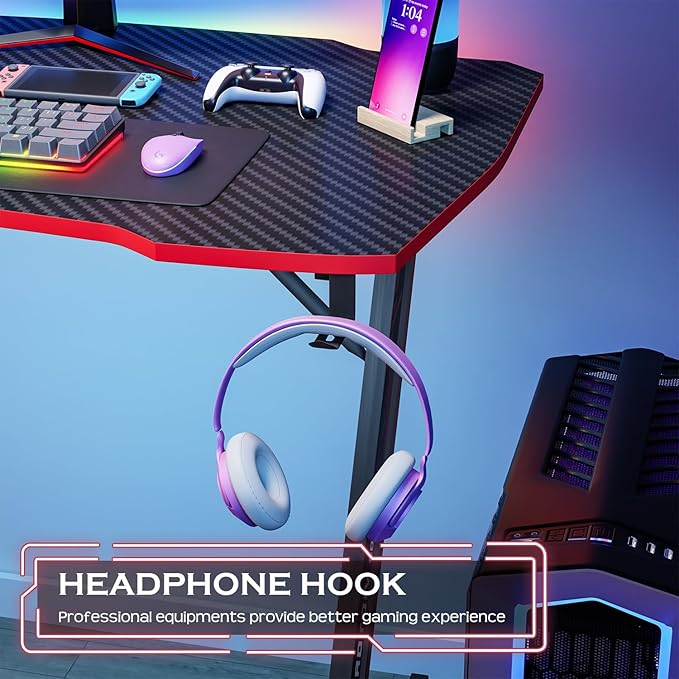 PayLessHere | 35" Gaming Table | Red | Z-Shaped Computer Desk with Steel Frame, Headphone Hook, Adjustable Feet | Carbon Fiber Texture Surface, Sweat & Waterproof | for Gaming, Home Office