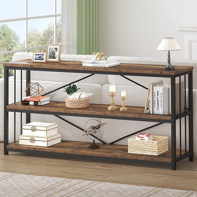 HSH Long Horizontal Bookshelf, Rustic Wood Low Etagere Bookcase for Bedroom, Industrial Metal 3 Tier Book Shelf for Living Room, Vintage Wide Open Large Bookshelves for Home Office, Brown, 63 Inch