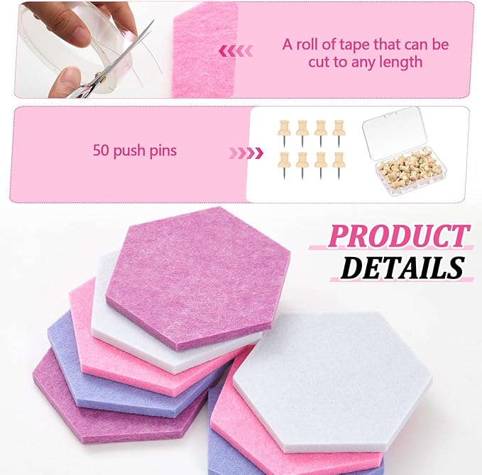 16 Pcs Hexagon Cork Board for Walls with 50 Wooden Push Pins 6.7 x 5.9 in Felt DIY Tiles Notice with Nano Tape Hanging Bulletin Board for Home Photo Office Memo Note (Pink)