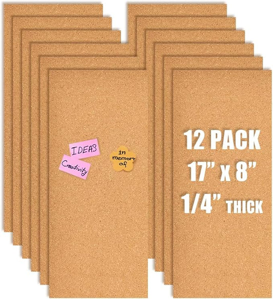 17x8 Cork Board Tiles Bulletin Board, 1/4" Thick Self-Adhesive Cork Boards for Walls, Cork Tiles Vision Board for Home, Office, School, Bulletin Board Decorations(6mm,12pc)