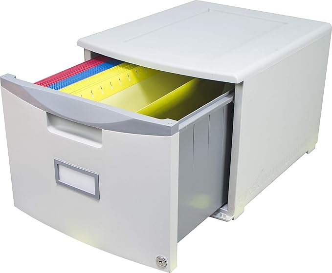 Storex Plastic One-Drawer File Cabinet – Locking Document Organizer for Home and Office, Gray, 1-Pack (61261A01C)