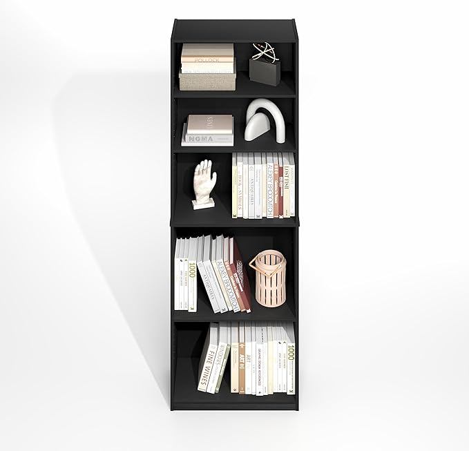 Furinno Jaya Simply Book Shelf, 5-Tier Bookshelf, Bookcase with Adjustable Shelves, 9.5 x 24.5 x 71.2, for Living Room, Bedroom, Home Office, Darkwood