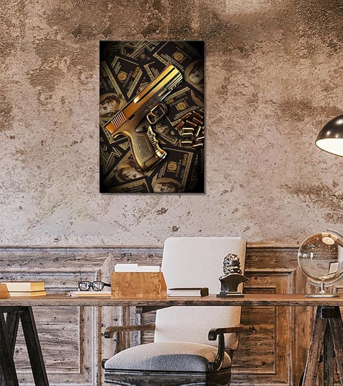 Inspirational Wall Art Handgun Money Killer Canvas Wall Decor Dollar Gun Lover Gift Motivational Poster Print for Office Home Wall Decor 24x36in