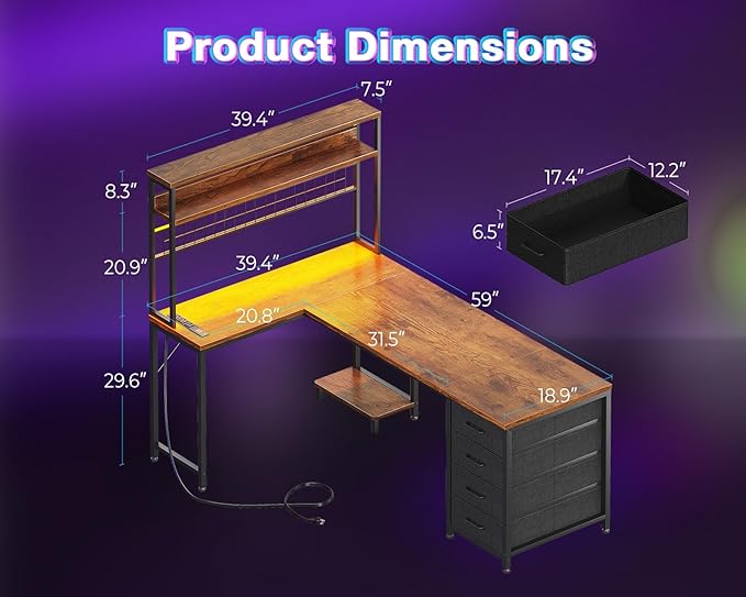 AODK L Shaped Desk Gaming Desk with LED Light & Power Outlet, 59 Inch Reversible L Shaped Computer Table with 4 Drawers for Home Office, Vintage