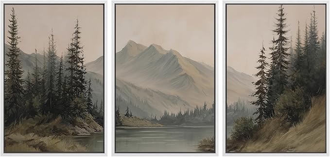 SIGNWIN Framed Canvas Print Wall Art Set Tranquil Pine Forest Mountain Lake Landscape Illustrations Modern Art Decorative Nordic Abstract for Living Room, Bedroom, Office - 24"x36"x3 White