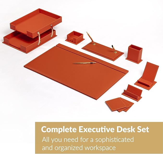 MOOGCO 12-Piece Leather Desk Set — Desk Pad 23.2" x 15.4", Double Document Tray, Pen Holder — Desk Organizer Set for Home Office & Executive Desk Accessories