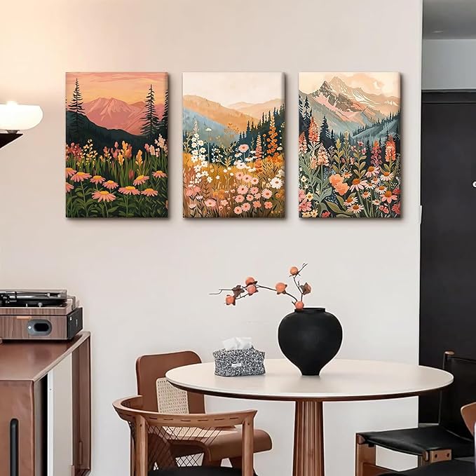KBKBART Boho Colorful Landscape wall art Set of 3, Wildflower Mountain Wall Decor Vintage Floral Forest Paintings Rustic Nature Pictures Canvas Prints for Living Room Bedroom Dining Room 12x16 Inch