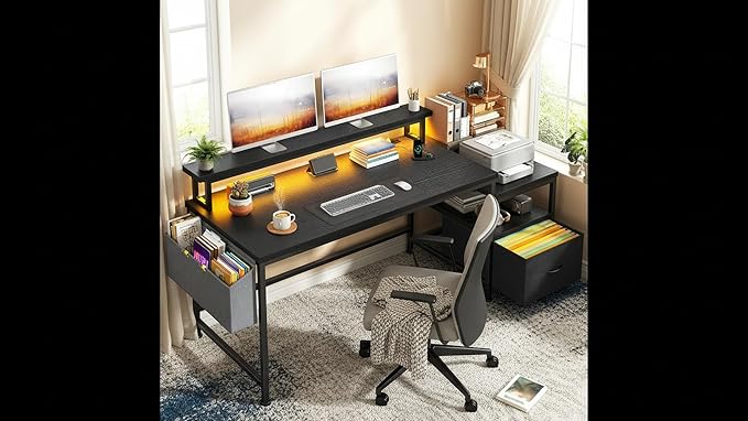 Gaming Desk with Monitor Stand,Computer Desk with LED Lights &Power Outlets,Office Desk with Drawers & Printer Shelf,Writing Table with Side Storage Bag,57" W x 20" D x 36" H,Black Desk