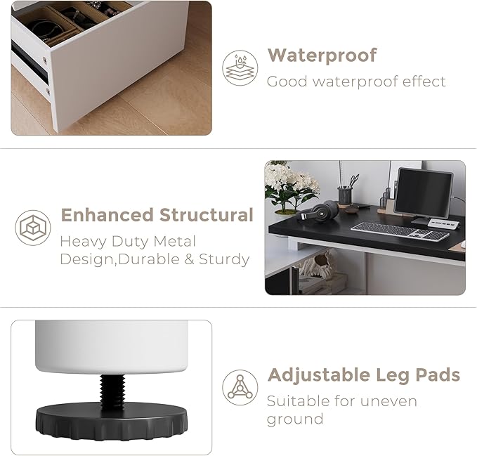 L Shape Small Desk - Computer Corner Desk with 3 Drawers and 2 Shelves, 53 inch Home Office Table with Storage Cabinet for Gaming Writing Study, White+Black