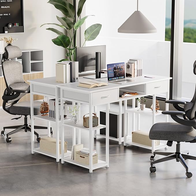Sweetcrispy Computer Gaming Desk with Fabric Drawers - 48 Inch Home Office Bedroom Writing StudyTable with Storage Shelves Adjustable Feet PC Desk, White